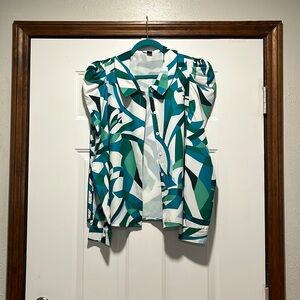 SHEIN MEDIUM Collared Button up Long sleeve Blouse Teal Green White